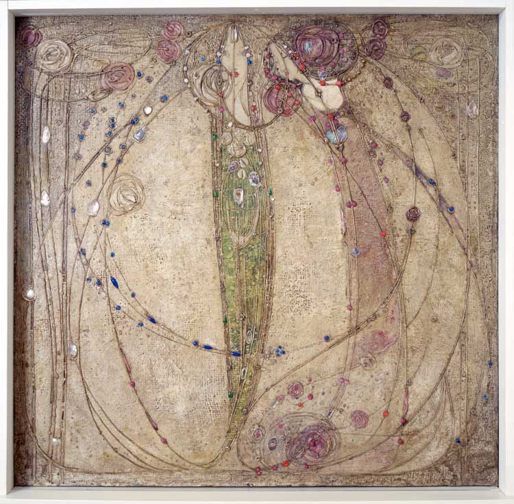 Margaret Macdonald Mackintosh, The White Rose and the Red Rose, 1902. Gesso, set with glass beads and shell, on hessian on a wooden stretcher. © The Hunterian, University of Glasgow.