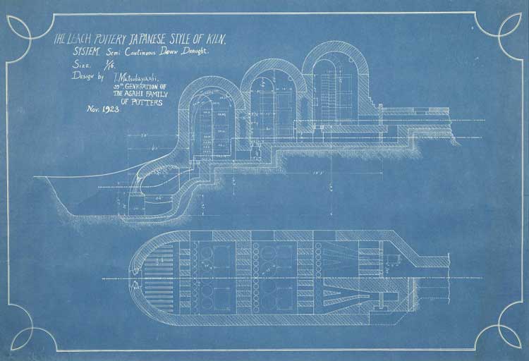 Tsurunoske Matsubayashi, Kiln plan, 1920s. Blue print, 1/16 scale, design by Tsurunoske Matsubayashi, 39th Generation of the Asahi Family of Potters for the Leach Pottery, St. Ives. Image kindly provided by the Crafts Study Centre, University for the Creative Arts.