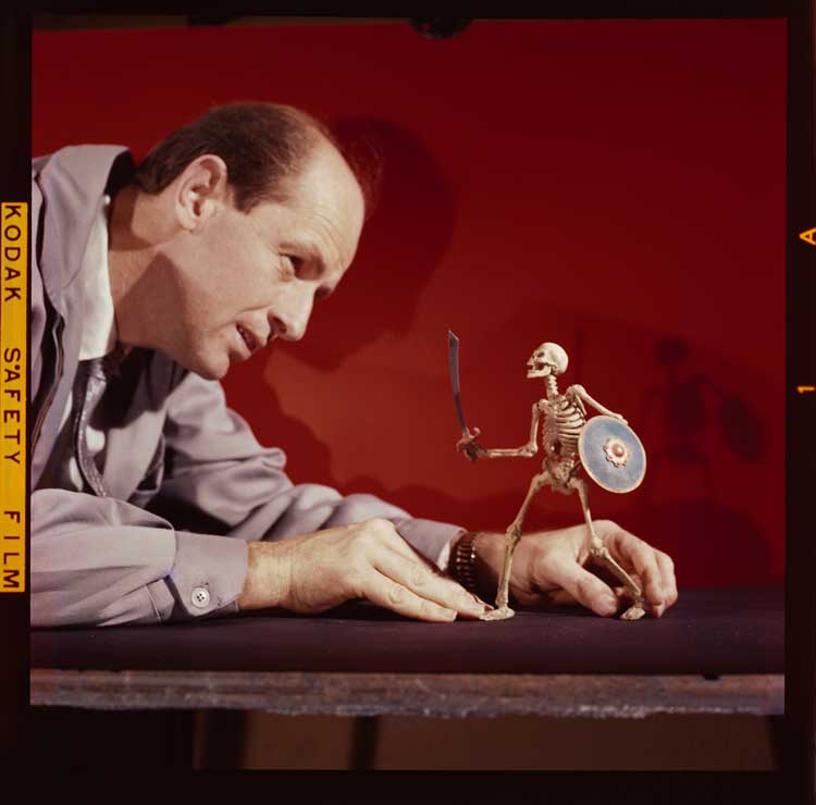 Ray Harryhausen (1920-2013)
animating a skeleton model from The 7th Voyage of Sinbad, 1958. © The Ray and Diana Harryhausen Foundation.