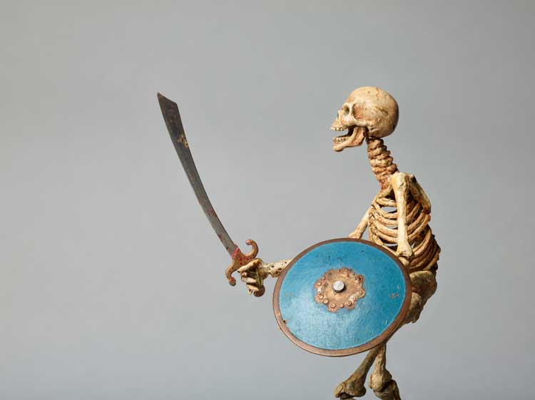 Model of Skeleton from Jason and the Argonauts, c.1961 by Ray  Harryhausen. Mounted on wooden base. Collection: The Ray and Diana Harryhausen Foundation. © The Ray and Diana Harryhausen Foundation. Photo: Sam Drake (National Galleries of Scotland).