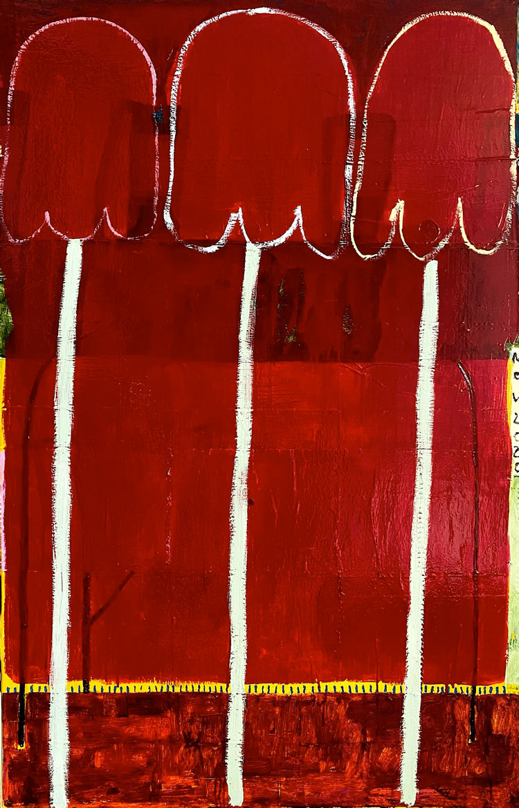 Galina Munroe. Crimson Caps, 2021. Oil, gloss paint and collage on canvas, 140 x 90 cm. Copyright the artist.
