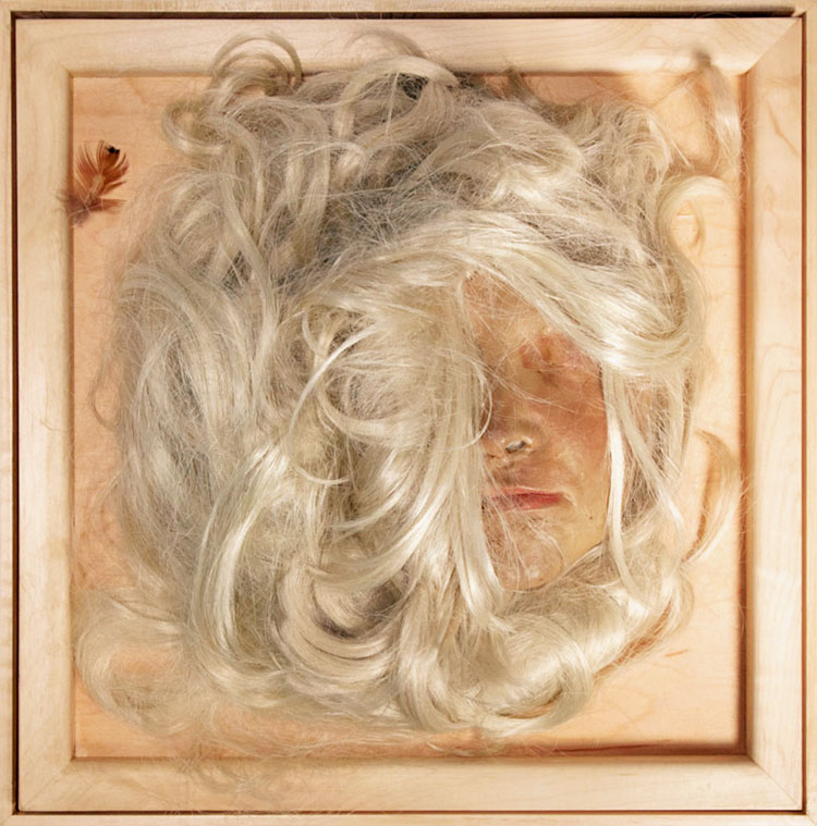 Lynn Hershman Leeson. Self Portrait as Blonde, 1968. Wax, wig, feathers, Plexiglas, wood, sensor, and sound. Courtesy the artist; Bridget Donahue Gallery, New York; and Altman Siegel, San Francisco.