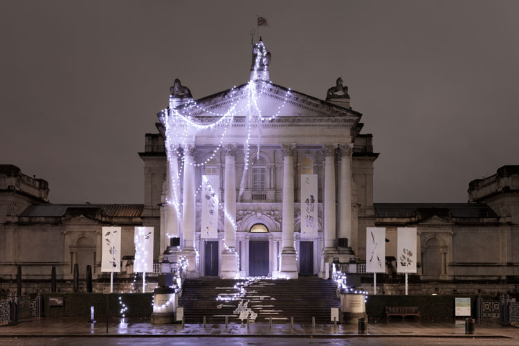 Anne Hardy. The Depth of Darkness, the Return of the Light, 2019. Tate Britain Winter Commission. FIELDwork - sculptural installation with quadraphonic surround sound audio and programmed light exhibition view: Tate Britain, London, 2019. Photo: Angus Mill. © Anne Hardy, courtesy Maureen Paley, London.