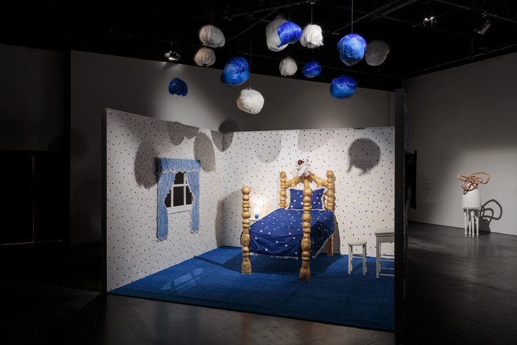 Trulee Hall, Polkadot Bedroom, Nightmare Set (Girl/ Monster), 2018. Exhibition view at Zabludowicz Collection, London, 2020. Photo: Tim Bowditch.