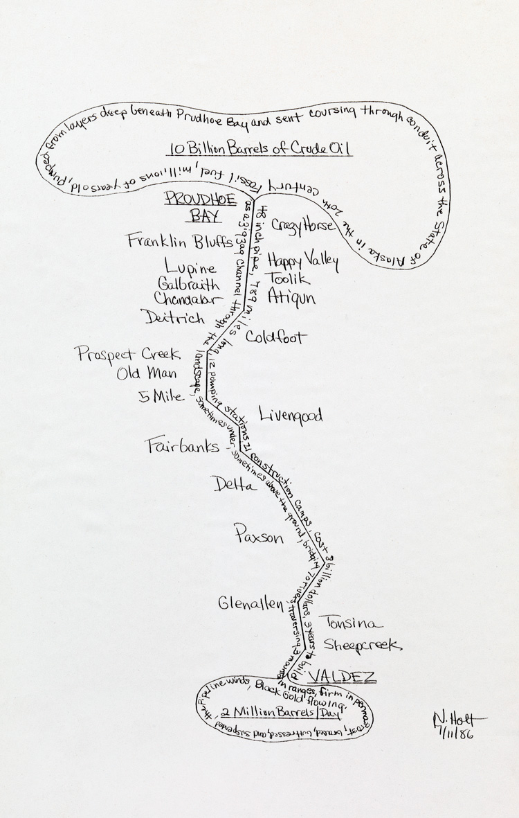 Nancy Holt, 10 Billion Barrels of Crude Oil, 1986. Pencil on paper, 35.6 × 21.6 cm. © Holt/Smithson Foundation, Licensed by VAGA at ARS, New York.