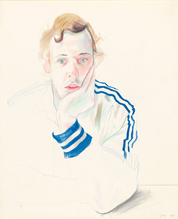 David Hockney. Gregory, 1978. Coloured pencil on paper, 17 x 14 in. © David Hockney. Photo: Richard Schmidt, Collection The David Hockney Foundation.