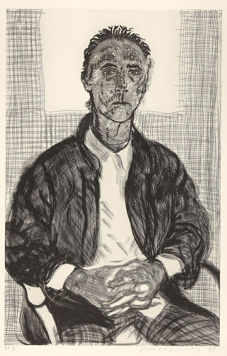 David Hockney. Maurice 1998. Etching, 44 x 30 ½ in. © David Hockney. Photo: Richard Schmidt, Collection The David Hockney Foundation.