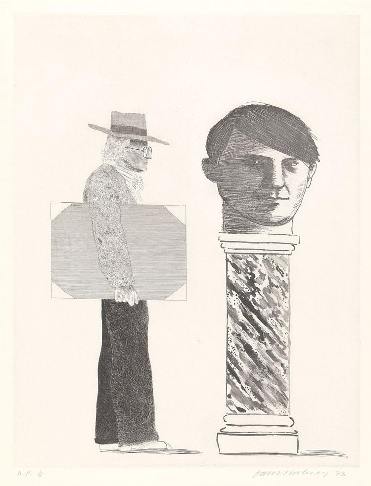 David Hockney. The Student: Homage to Picasso, 1973. Etching, soft ground etching, lift ground etching, 29 ¾ x 22 ¼ in. © David Hockney. Photo: Richard Schmidt.