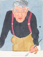 David Hockney. Self Portrait with Red Braces, 2003. Watercolour on paper, 24 x 18 1/8 in. © David Hockney. Photo: Richard Schmidt.