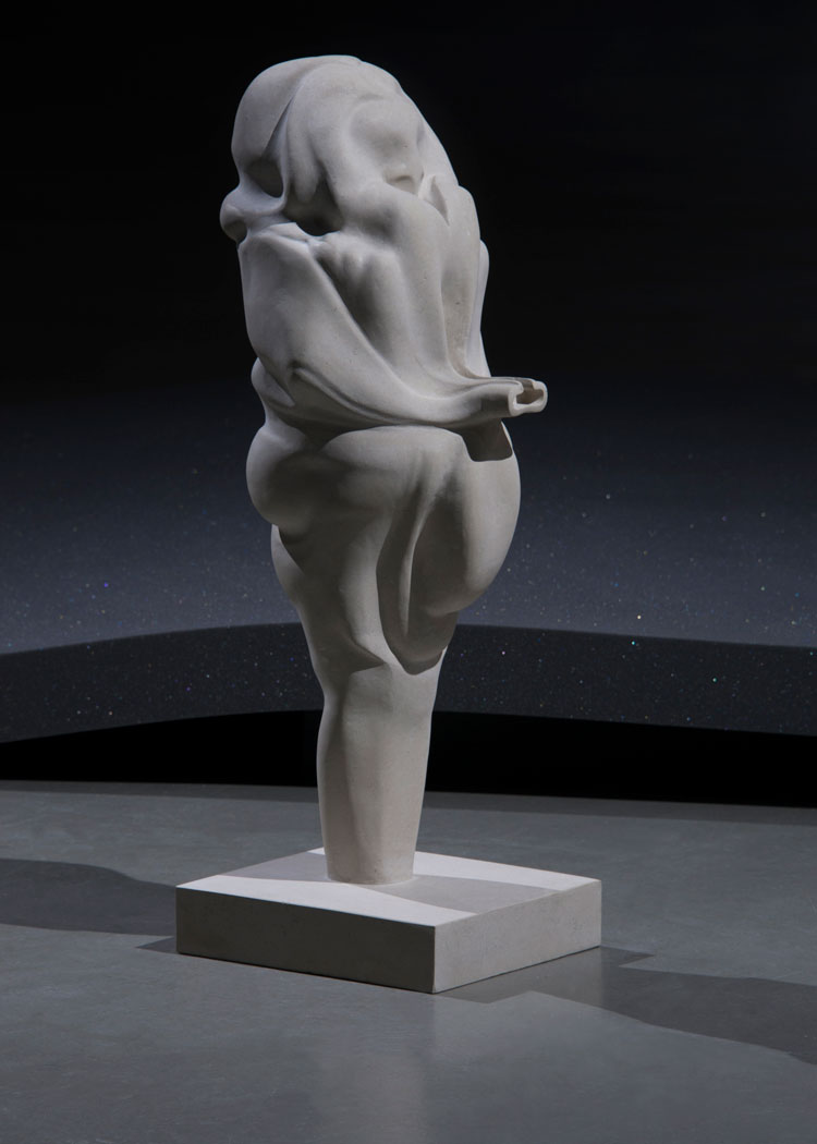 Marguerite Humeau. Venus of Frasassi, A 10-year-old female human has ingested a rabbit's brain, exhibition view, Kunstverein in Hamburg Year, 2019. Portland limestone, a cappella voice, 320 mm (L) x 280 mm (W) x 862 mm (H). Photo: Julia Andréone. Courtesy the artist, CLEARING New York/Brussels
