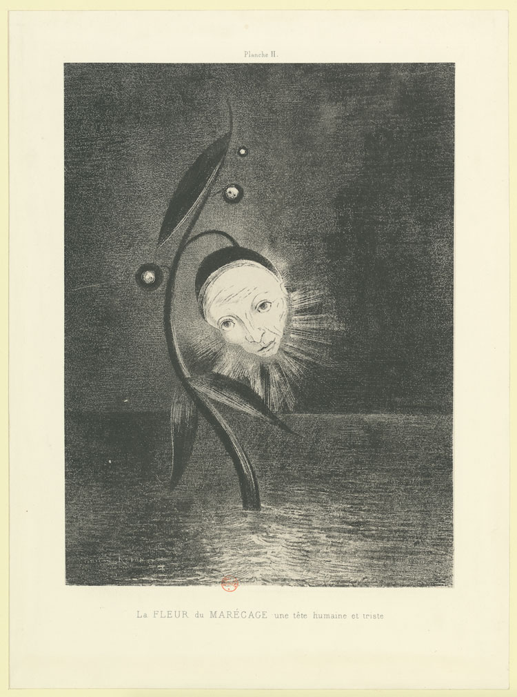 Odilon Redon, Hommage to Goya: The Flower of the Swallow, a human and sad head, 1885. Lithograph, board applied to china, 41.6 × 29.2 cm. Paris, Bibliothèque nationale de France – bibliothèque de l’Arsenal. Photo © BnF.