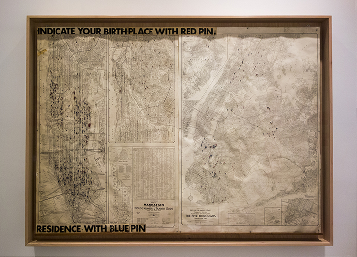 Hans Haacke, Gallery-Goers’ Birthplace and Residence Profile, Part 1, 1969. Printed map on corkboard and red and blue pins, 64¼ x 88 x 2 in. Photo: Antonio Rivera.