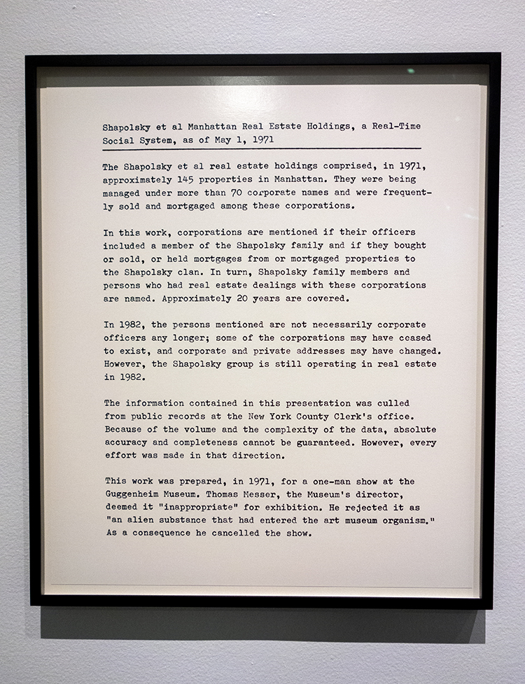 Hans Haacke, Shapolsky et al. Manhattan Real Estate Holdings a Real-Time Social System, as of May 1, 1971, 1971. Photo: Antonio Rivera.