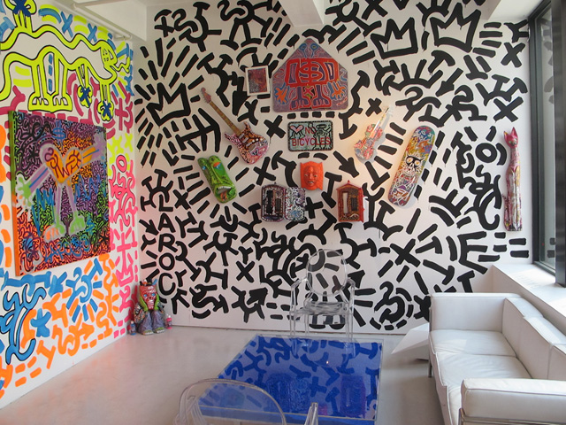 Caligrafitti in 2012 at Leila Heller Gallery in Chelsea featuring works by LA2 and table by Yves Klein.