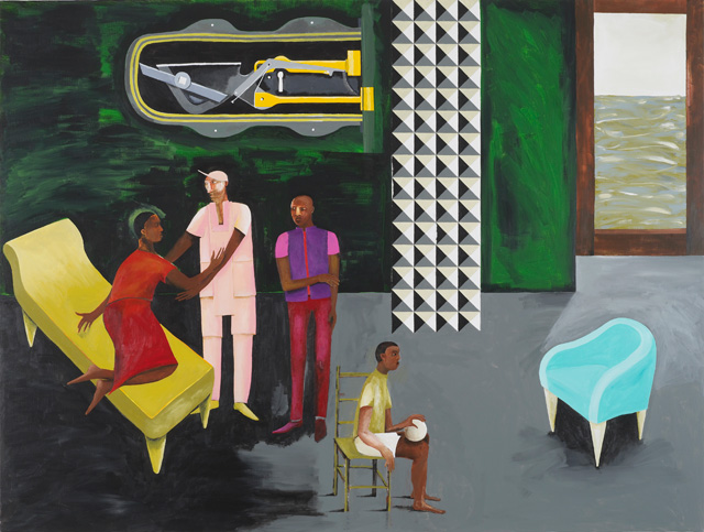 Lubaina Himid, Le Rodeur: The Lock, 2016. Acrylic on canvas, 72 x 96 1/8 in (183 x 244 cm). Courtesy the artist and Hollybush Gardens. Photo: Andy Keate.