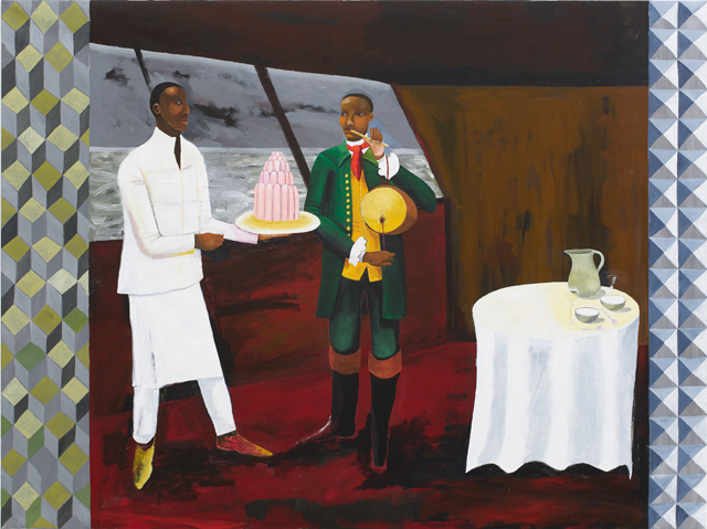 Lubaina Himid, Le Rodeur: The Cabin, 2017. Acrylic on canvas, 72 x 96 1/8 in (183 x 244 cm). Courtesy the artist and Hollybush Gardens. Photo: Stephan Baumann.