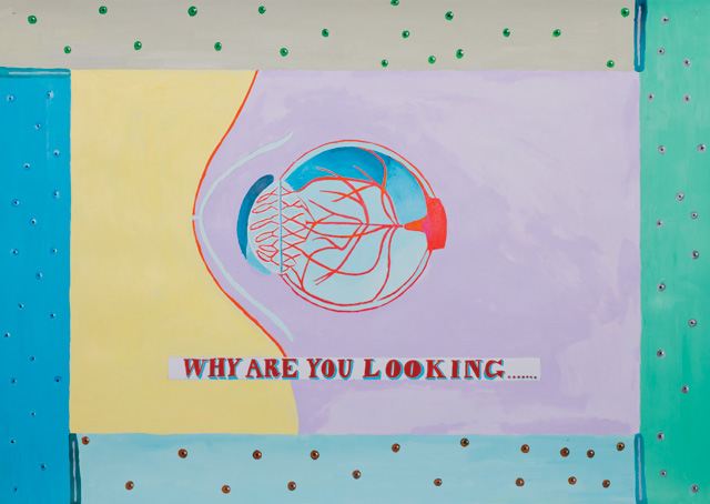Lubaina Himid, Why Are You Looking…, 2018. Acrylic on paper, 28 3/8 x 40 1/8 in (72 x 102 cm). Courtesy the artist and Hollybush Gardens. Photo: Gavin Renshaw.