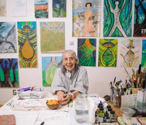 The 98-year old painter’s debut institutional exhibition showcases a lifetime of work that fuses the human with the cosmic, while speaking keenly to the present