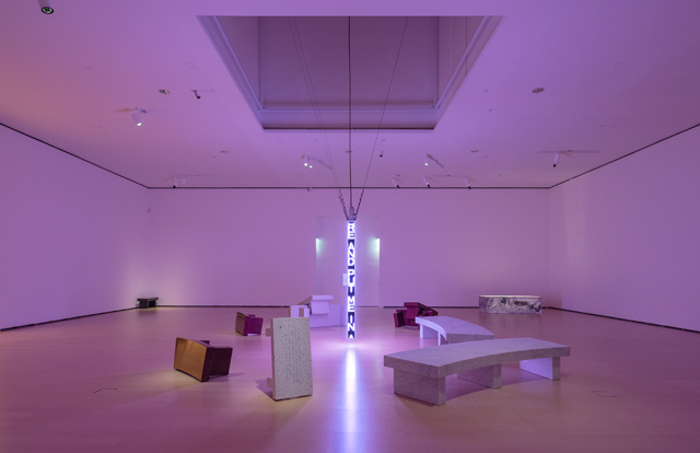 THERE WAS A WAR, 2019. Exhibition view, Jenny Holzer: Thing Indescribable, Museo Guggenheim Bilbao, Spain, 2019. © 2019 Jenny Holzer, member Artists Rights Society (ARS), NY. Photo: José Miguel Llano.