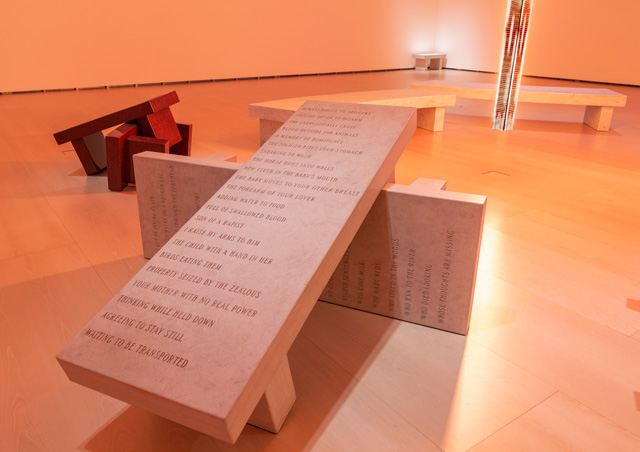 Memorial Bench I: Always polite to officers..., 1996; Memorial Bench II: Eye cut by flying glass ..., 1996. Text: Erlauf, 1995. Exhibition view, Jenny Holzer: Thing Indescribable, Museo Guggenheim Bilbao, Spain, 2019. © 2019 Jenny Holzer, member Artists Rights Society (ARS), NY. Photo: José Miguel Llano.