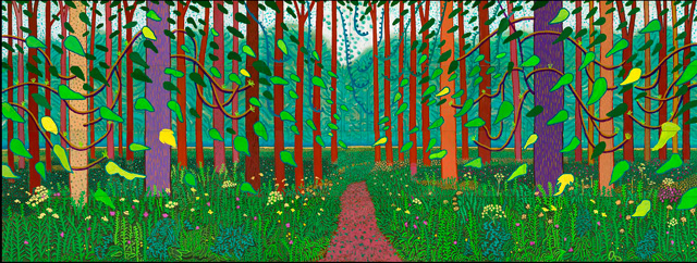 David Hockney. The Arrival of Spring in Woldgate, East Yorkshire in 2011 (twenty eleven). Oil on 32 canvases, 36 x 48" each, 144 x 384 in overall. © David Hockney. Photo: Richard Schmidt. Collection Société des Amis du Musée national d'Art moderne, Centre Georges Pompidou, Paris.