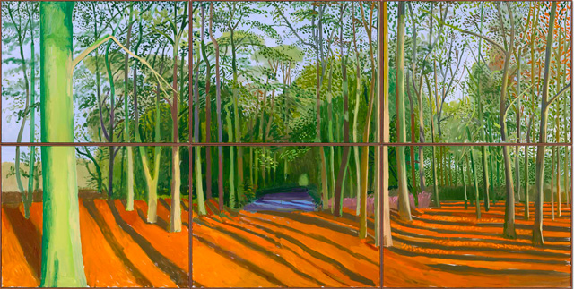David Hockney. Woldgate Woods, 6 & 9 November 2006. Oil on six canvases, 36 x 48 in each, 72 x 144 in overall. © David Hockney. Photo: Richard Schmidt.