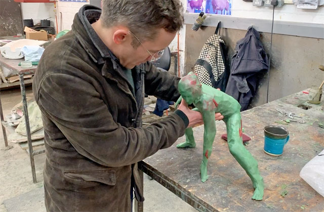 Joseph Hillier with the wax model of Messenger at Castle Fine Arts Foundry, Wales. Photo: Martin Kennedy.