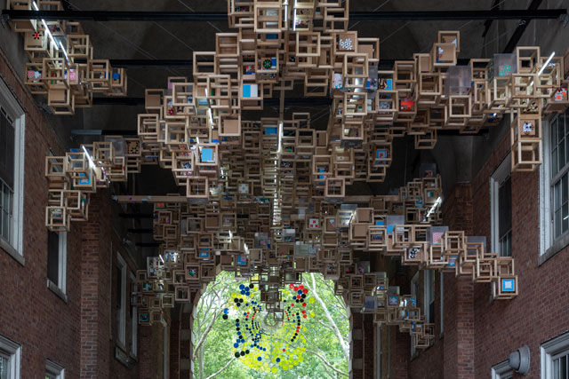 Jacob Hashimoto. Never Comes Tomorrow, 2015-18, Liggett Hall, Governors Island. Photograph: Timothy Schenck.