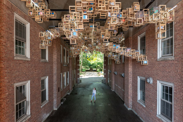 Jacob Hashimoto. Never Comes Tomorrow, 2015-18, Liggett Hall, Governors Island. Photograph: Timothy Schenck.