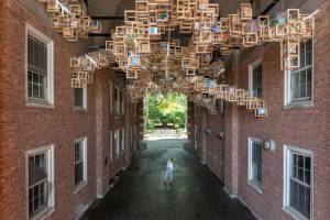 Jacob Hashimoto. Never Comes Tomorrow, 2015-18, Liggett Hall, Governors Island. Photograph: Timothy Schenck.