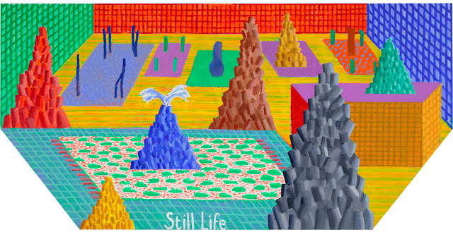 David Hockney. Still Life, 2017. Acrylic on canvas, 48 x 96 in (121.9 cm x 243.8 cm). Photograph courtesy Pace Gallery. © 2018 David Hockney.