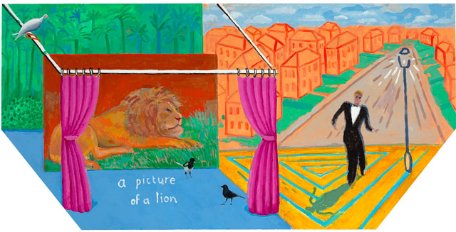 David Hockney. A Picture of a Lion, 2017. Acrylic on canvas, 48 x 96 in (121.9 cm x 243.8 cm). Photograph courtesy Pace Gallery. © 2018 David Hockney.