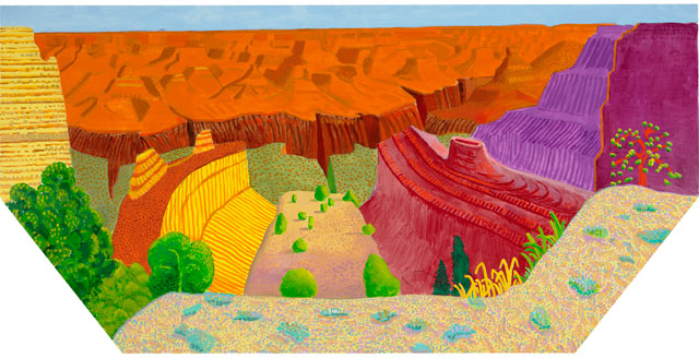 David Hockney. Grand Canyon II, 2017. Acrylic on canvas, 48 x 96 in (121.9 cm x 243.8 cm). Photograph courtesy Pace Gallery. © 2018 David Hockney.