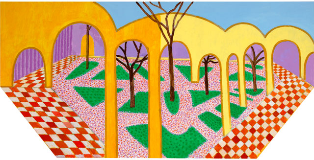 David Hockney. Walk Around the Alcazar, 2017. Acrylic on canvas, 36 x 72 in (91.4 cm x 182.9 cm). Photograph courtesy Pace Gallery. © 2018 David Hockney.