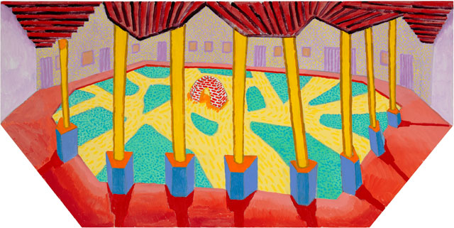 David Hockney. Walk Around Hotel Acatlan, 2017. Acrylic on canvas, 36 x 72 in (91.4 cm x 182.9 cm). Photograph courtesy Pace Gallery. © 2018 David Hockney.