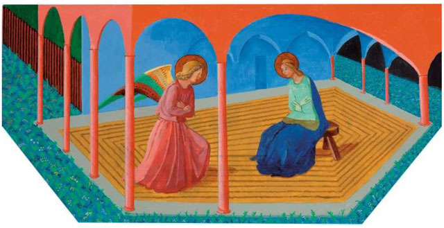 David Hockney. Annunciation II, after Fra Angelico from The Brass Tacks Triptych, 2017. Acrylic on canvas 48 x 96 in (121.9 cm x 243.8 cm). Photograph courtesy Pace Gallery. © 2018 David Hockney.