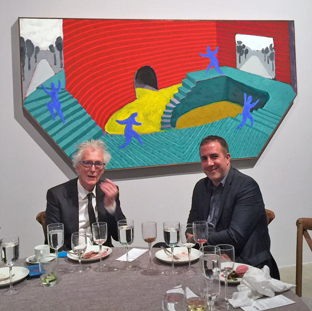David Hockney’s long-time friend Maurice Payne (left), subject of many portraits, in front of Hither and Dither. Photograph: Jill Spalding.