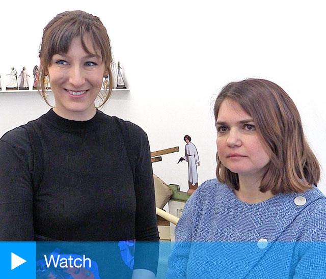 Curators Alexandra Kokoli (right) and Basia Śliwińska talk to Studio International about the exhibition Home Strike at I’étrangère in London, 8 March 2018. Photograph: Martin Kennedy.