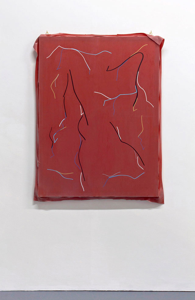 Adam Farah. C ruis[IN] Portal (Dreamlover) II, 2015. Medical red rubber latex, wood frame, paint marker pens, brass hooks. Courtesy the artist.