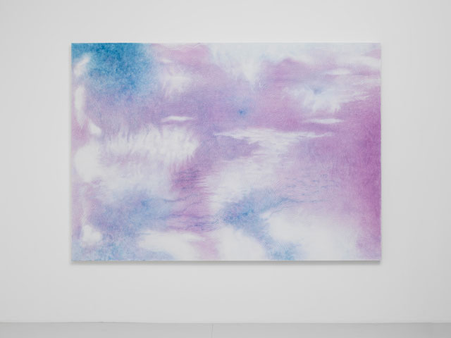 Shirazeh Houshiary. Phase, 2016. Pigment and pencil on white aquacryl on aluminium, 74 3/4 x 106 1/4 in (190 x 270 cm). © Shirazeh Houshiary; Courtesy Lisson Gallery.