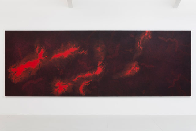 Shirazeh Houshiary. Genesis, 2016. Pigment and pencil on black aquacryl on aluminium, 74 3/4 x 212 5/8 in (190 x 540 cm). © Shirazeh Houshiary; Courtesy Lisson Gallery.