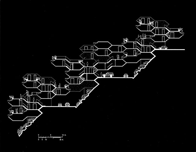 Habitat Puerto Rico. Section through the hillside housing indicating access system generated by shape of the module (also covered parking), 1968. Courtesy Sadie Architects.