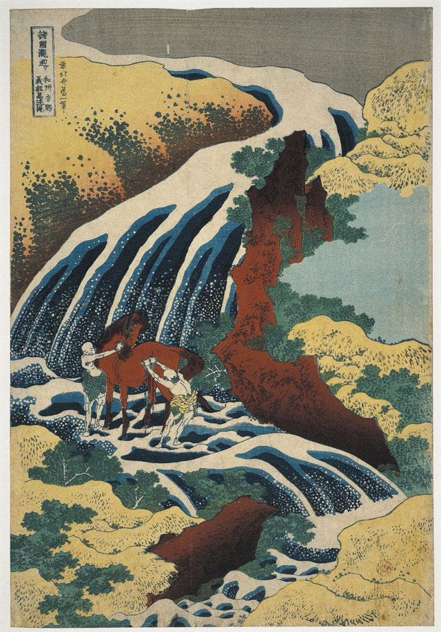 The waterfall where Yoshitsune washed his horse in Yoshino, Yamato province from Tour of Waterfalls in Various Provinces. Colour woodblock, 1833. Bequeathed by Charles Shannon RA. © The Trustees of the British Museum.