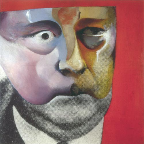 Richard Hamilton, <em>Portrait of Hugh Gaitskell as a Famous Monster of Filmland</em>, 1964. Oil and collage on photograph on panel 61 x 61 cm © Richard Hamilton