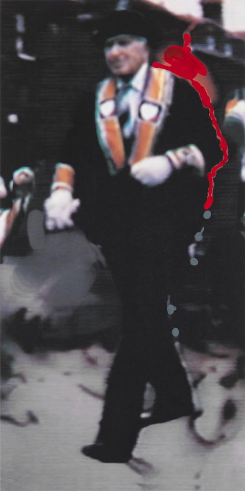 Richard Hamilton, <em>The Orangeman</em>, 1990. Offset lithograph in 5 colours, with hand-applied Humbrol enamel (ed. 105) 85 x 42.5 cm (image); 100 x 70 cm (sheet) © Richard Hamilton