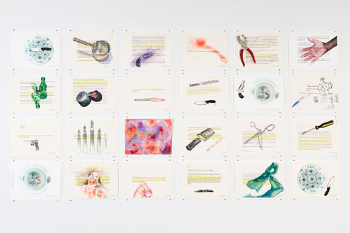 Margaret Harrison. Beautiful Ugly Violence, 2004. 24 watercolours on paper, 8 1/2 x 11 in each. Photograph: Casey Dorobek, courtesy of Ronald Feldman Fine Arts, New York.