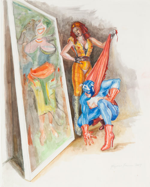 Margaret Harrison. What’s That Long Red Limp Wrinkly Thing You’re Pulling On?, 2009. Coloured pencil and watercolour on paper., 23 7/8 x 18 7/8 in. Photograph: Casey Dorobek, courtesy of Ronald Feldman Fine Arts, New York.