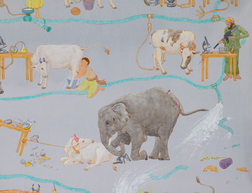 NS Harsha. Mooing here and now, 2014. Acrylic on canvas, 190 x 150 cm (74 3/4 x 59 1/8 in) (detail). Courtesy the Artist and Victoria Miro, London. © NS Harsha.