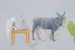 NS Harsha. Mooing here and now, 2014. Acrylic on canvas, 190 x 150 cm (74 3/4 x 59 1/8 in) (detail). Courtesy the Artist and Victoria Miro, London. © NS Harsha.