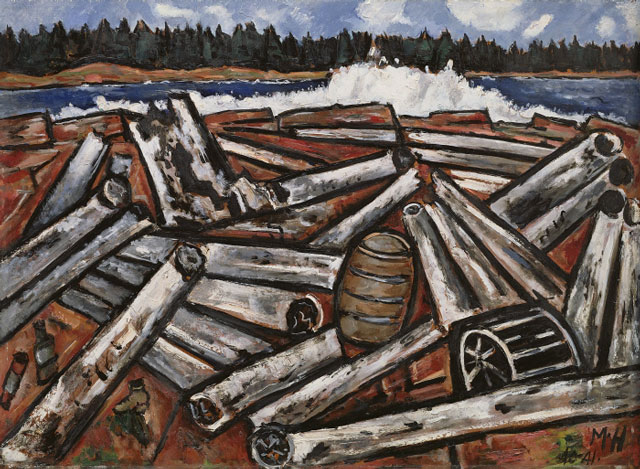 Marsden Hartley. Log Jam, Penobscot Bay, 1940–41. Oil on masonite, 30 x 40 7/8 in (76.2 x 103.8 cm). The Detroit Institute of Arts, Gift of Robert H. Tannahill.